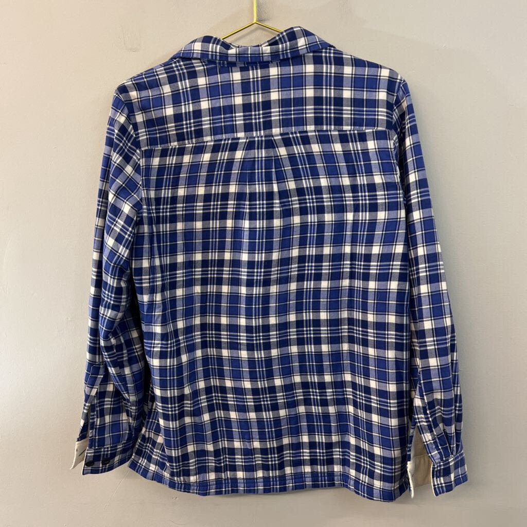 LL Bean White/ Blue Plaid Fleece Lined Long Sleeve Button Down Top Small