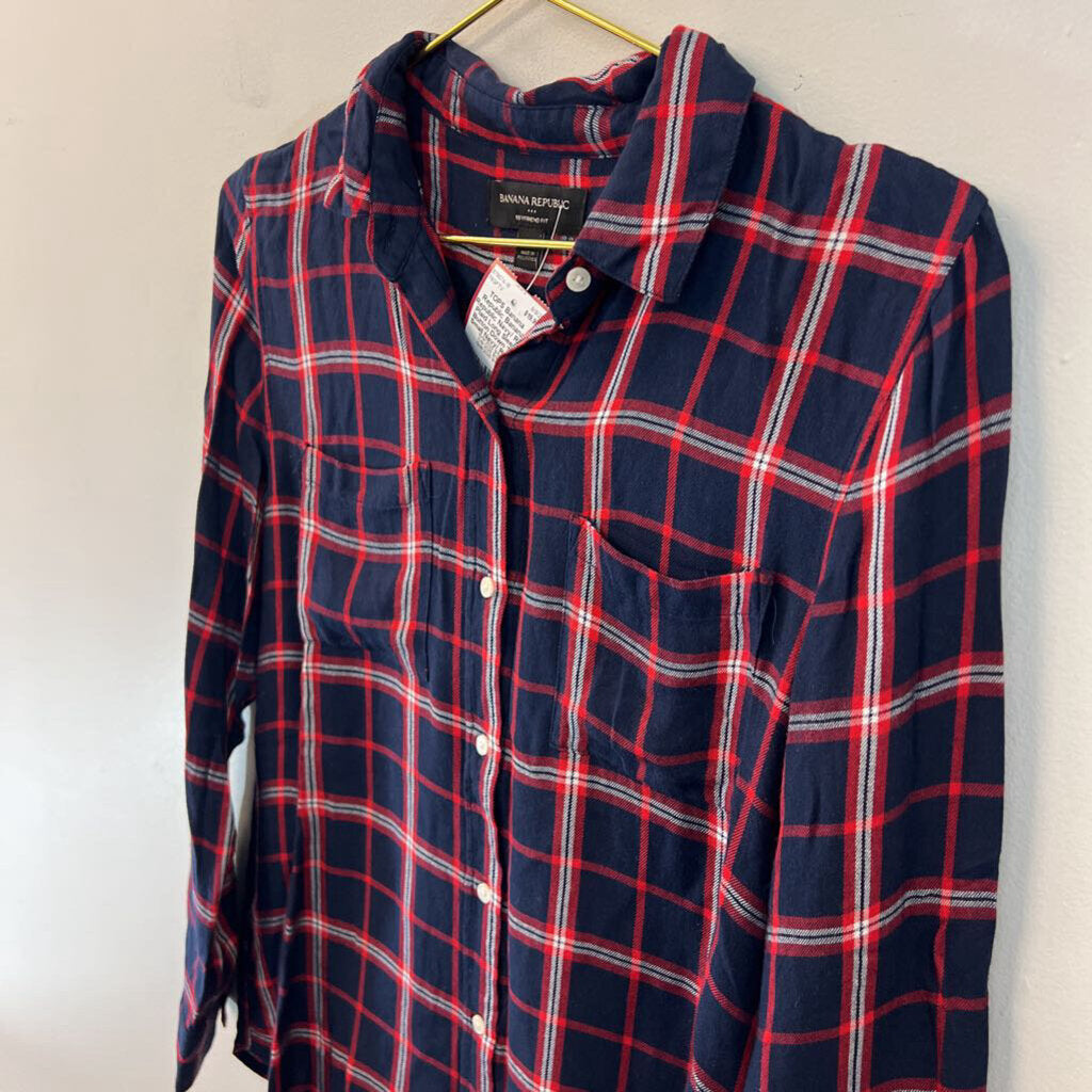 Banana Republic Navy/ Red Plaid Long Sleeve Button Down Top Small