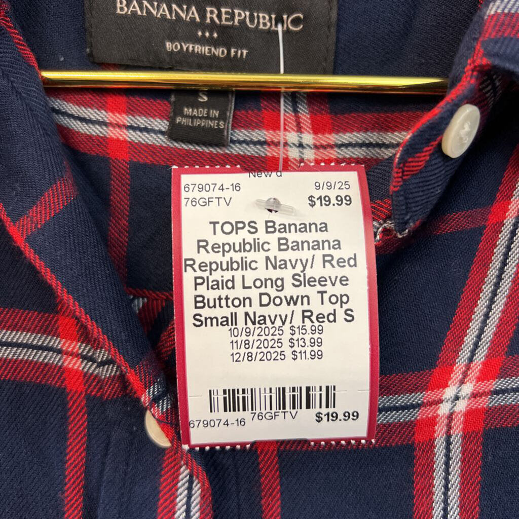 Banana Republic Navy/ Red Plaid Long Sleeve Button Down Top Small