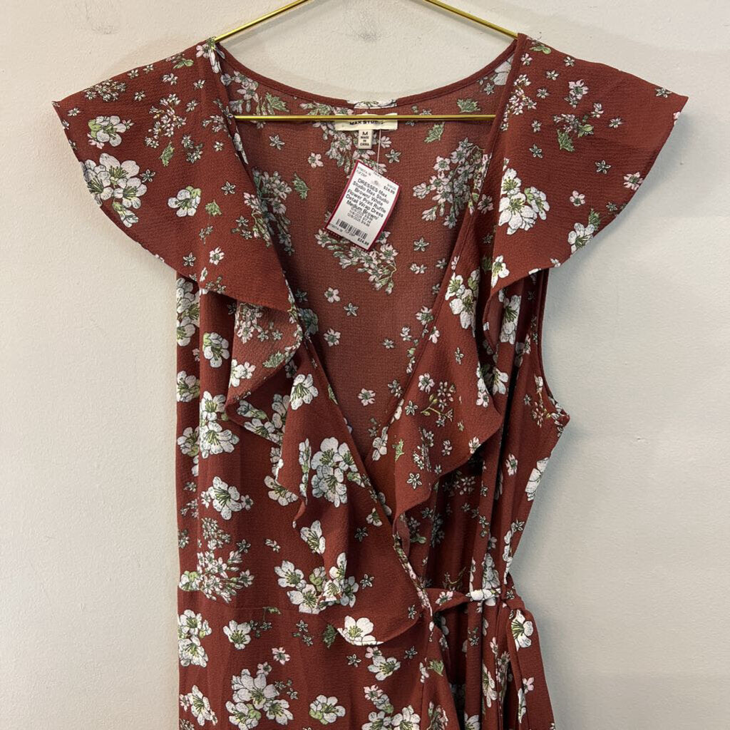 Max Studio Brown/ White Flower Print Ruffle Detail Wrap Dress Medium