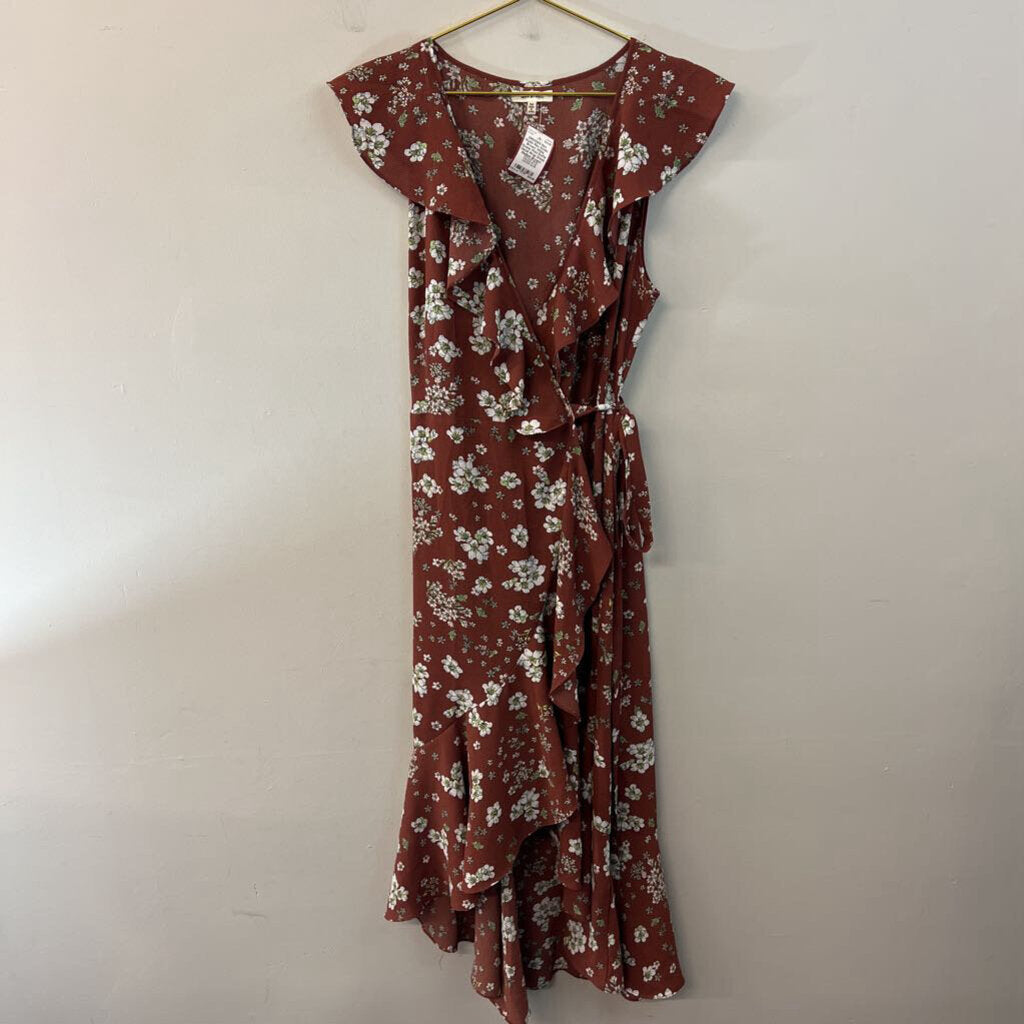 Max Studio Brown/ White Flower Print Ruffle Detail Wrap Dress Medium