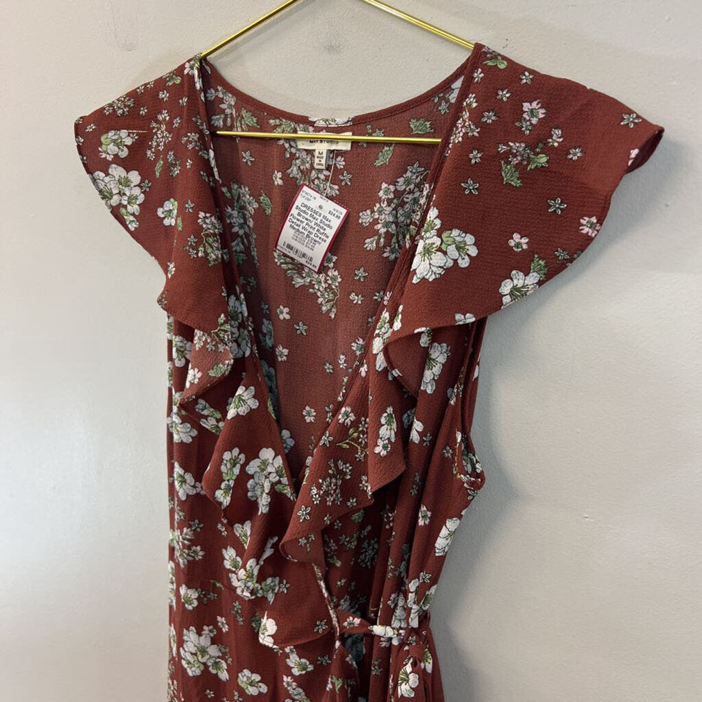 Max Studio Brown/ White Flower Print Ruffle Detail Wrap Dress Medium