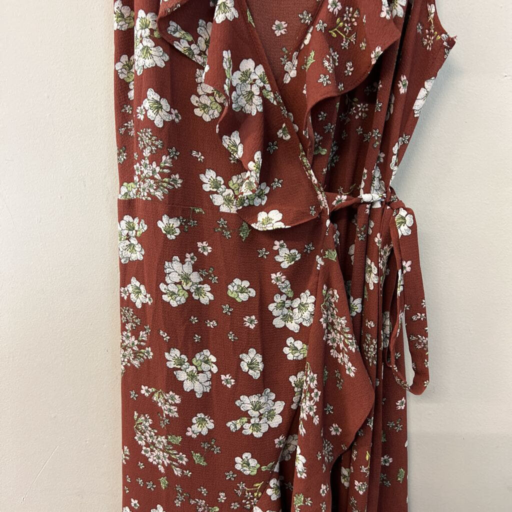 Max Studio Brown/ White Flower Print Ruffle Detail Wrap Dress Medium