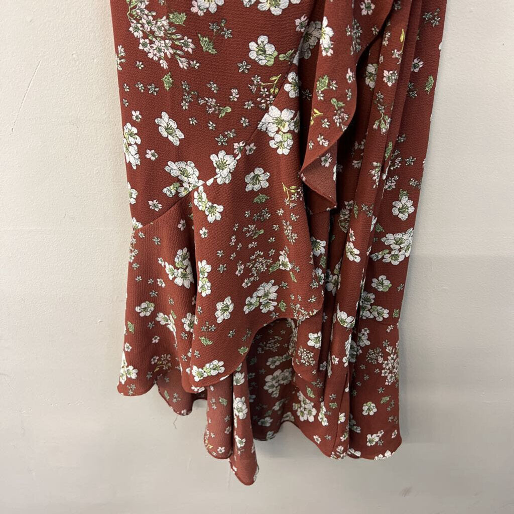 Max Studio Brown/ White Flower Print Ruffle Detail Wrap Dress Medium