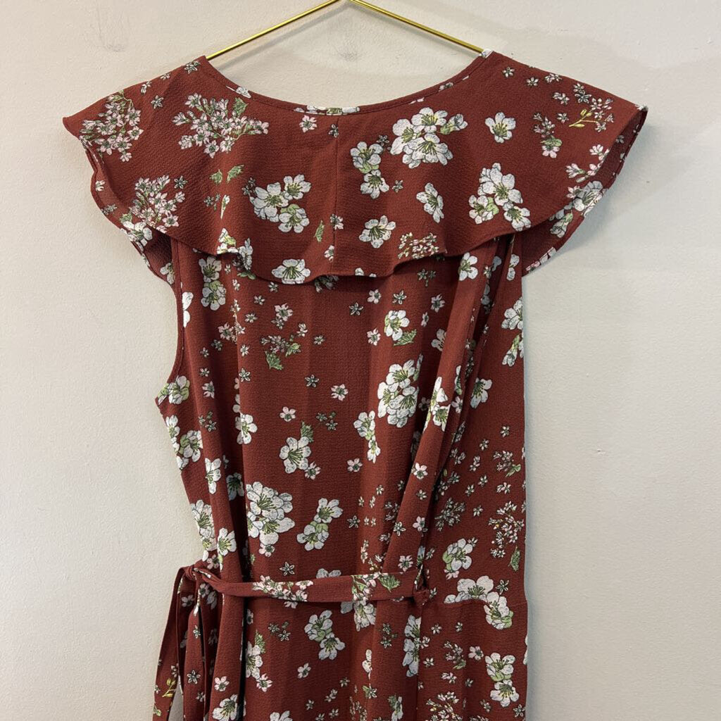 Max Studio Brown/ White Flower Print Ruffle Detail Wrap Dress Medium
