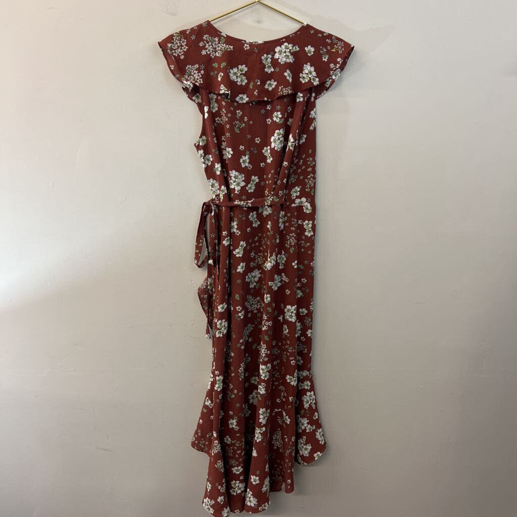 Max Studio Brown/ White Flower Print Ruffle Detail Wrap Dress Medium
