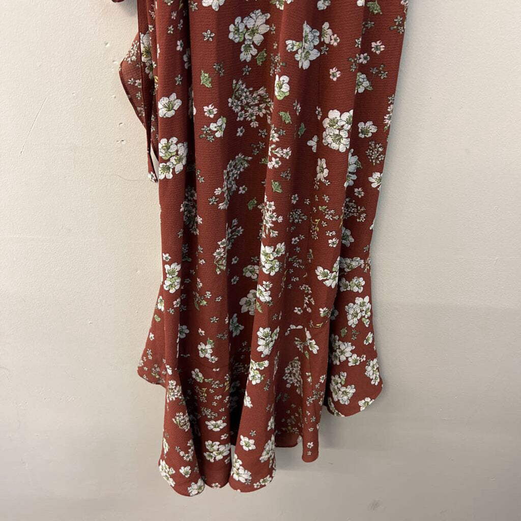 Max Studio Brown/ White Flower Print Ruffle Detail Wrap Dress Medium