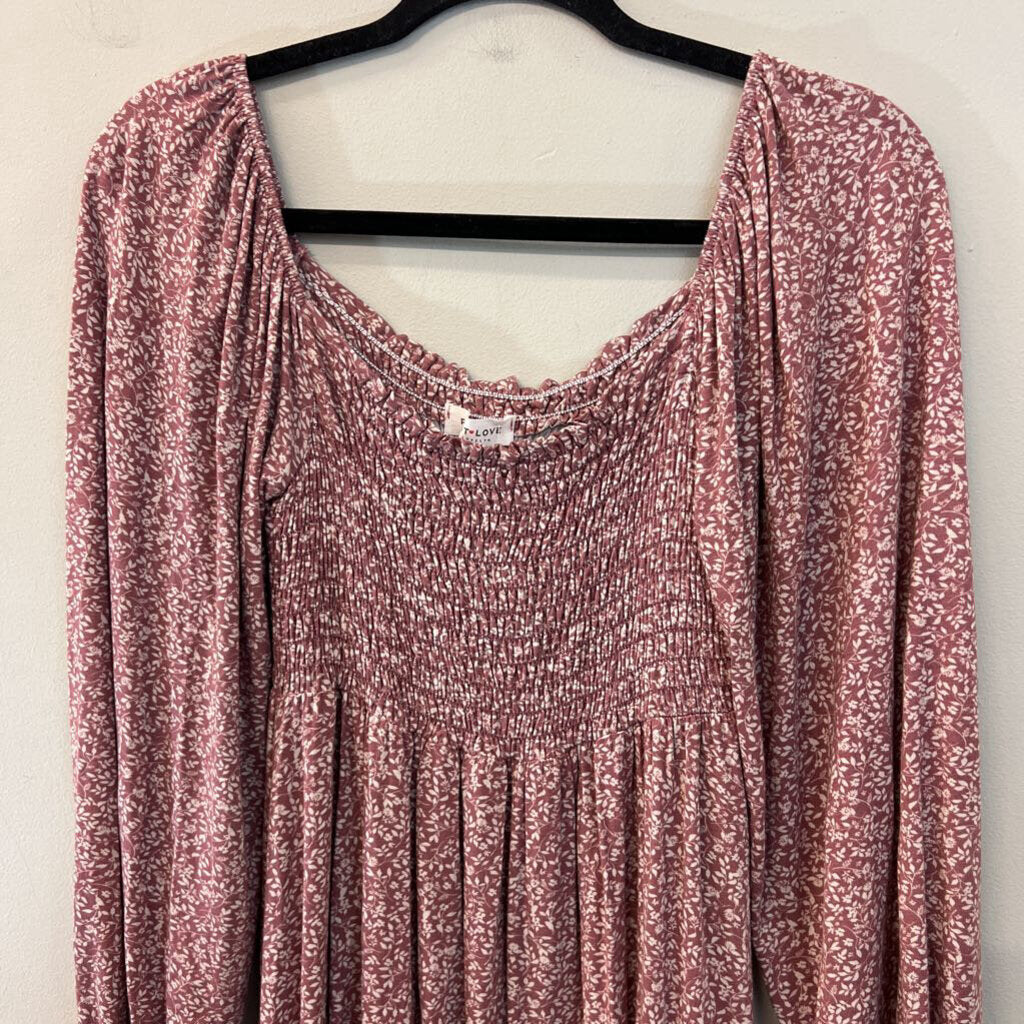 First Love Pink/ White Print Smocked Top Long Sleeve Dress Small