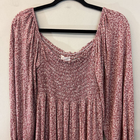 First Love Pink/ White Print Smocked Top Long Sleeve Dress Small