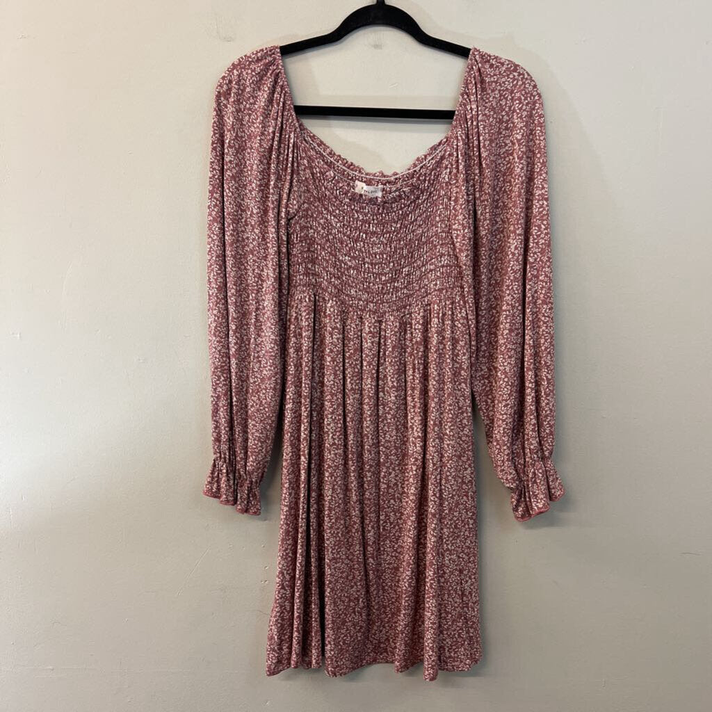 First Love Pink/ White Print Smocked Top Long Sleeve Dress Small