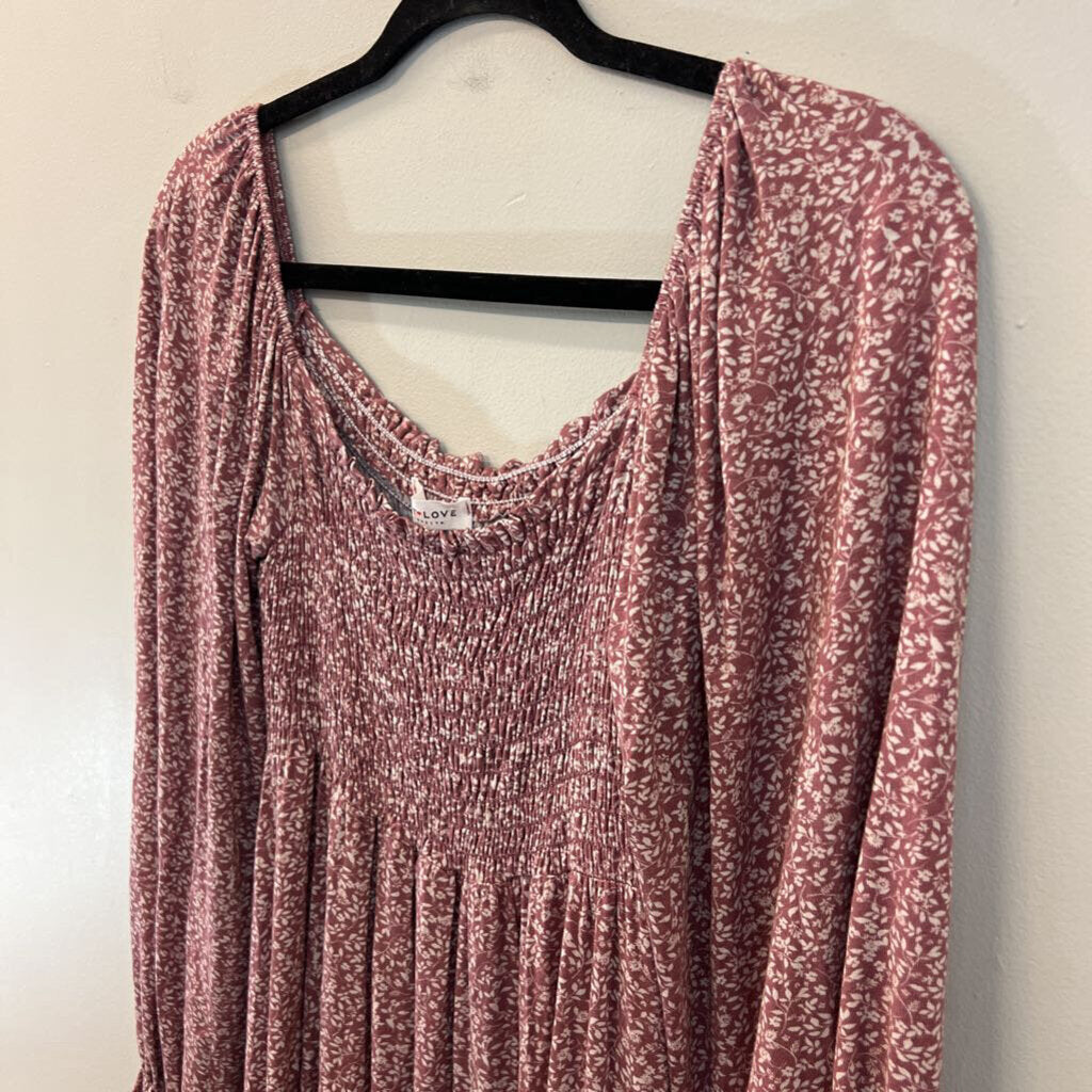 First Love Pink/ White Print Smocked Top Long Sleeve Dress Small