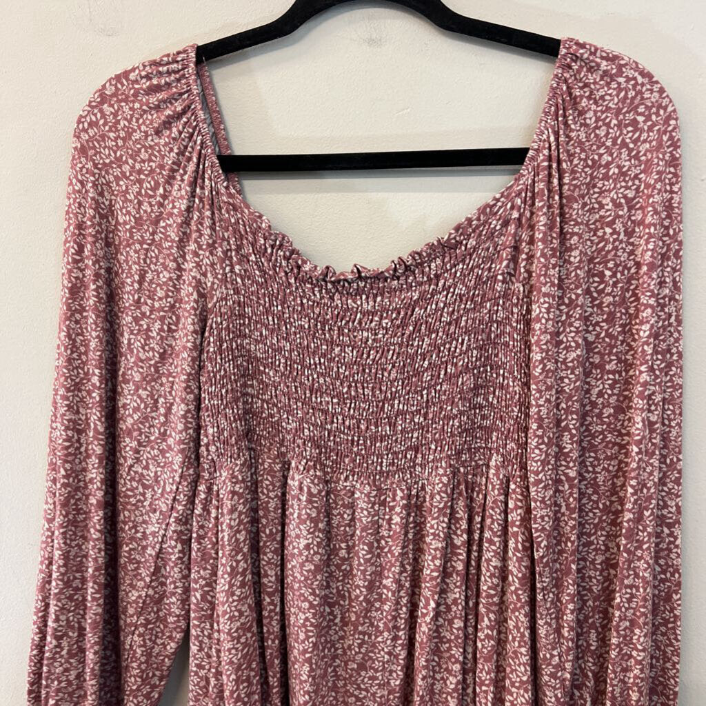 First Love Pink/ White Print Smocked Top Long Sleeve Dress Small