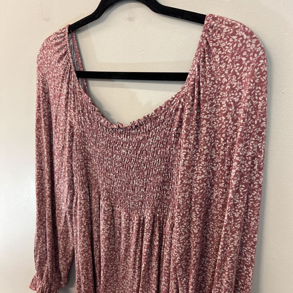 First Love Pink/ White Print Smocked Top Long Sleeve Dress Small