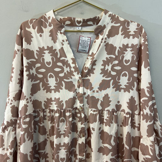 Cream/ Brown Print Silky Long Sleeve Button Down Dress Extra Large
