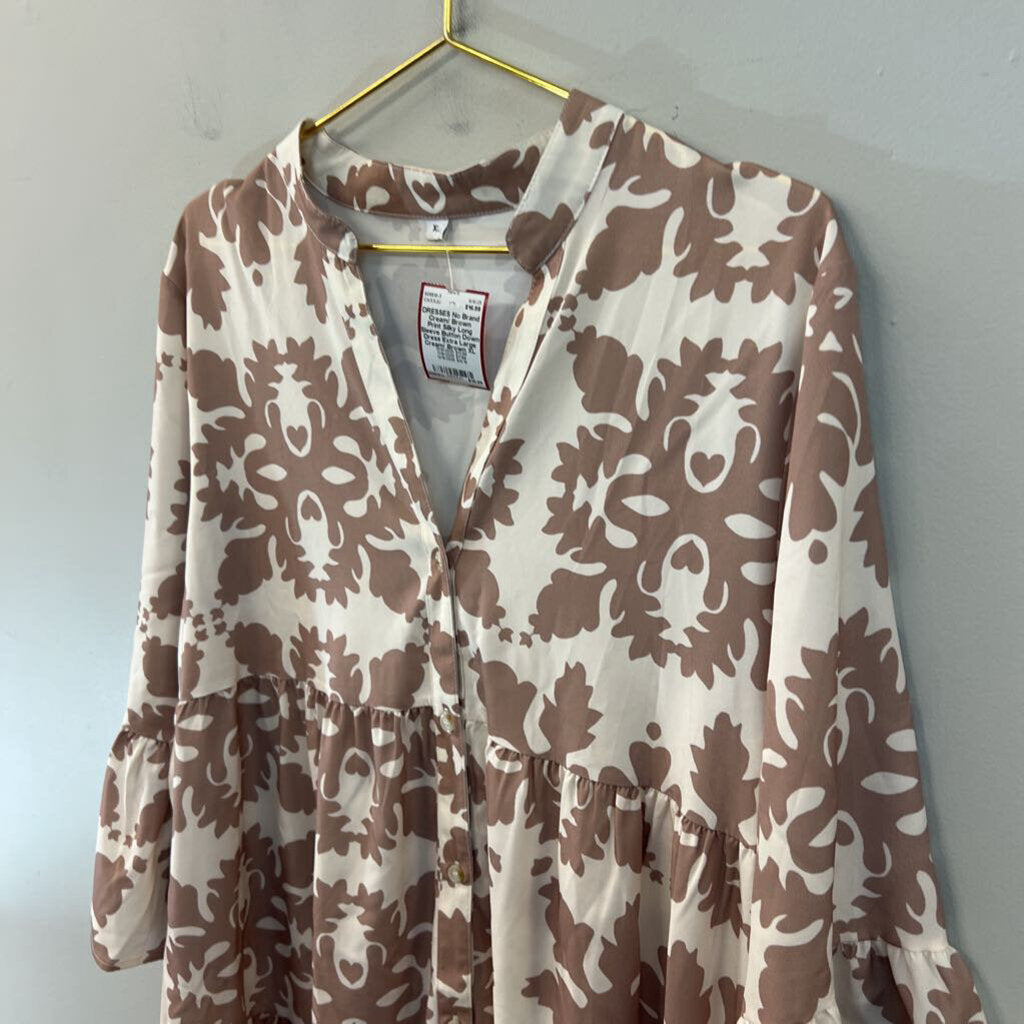Cream/ Brown Print Silky Long Sleeve Button Down Dress Extra Large