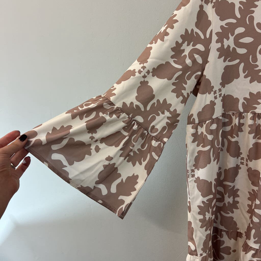 Cream/ Brown Print Silky Long Sleeve Button Down Dress Extra Large