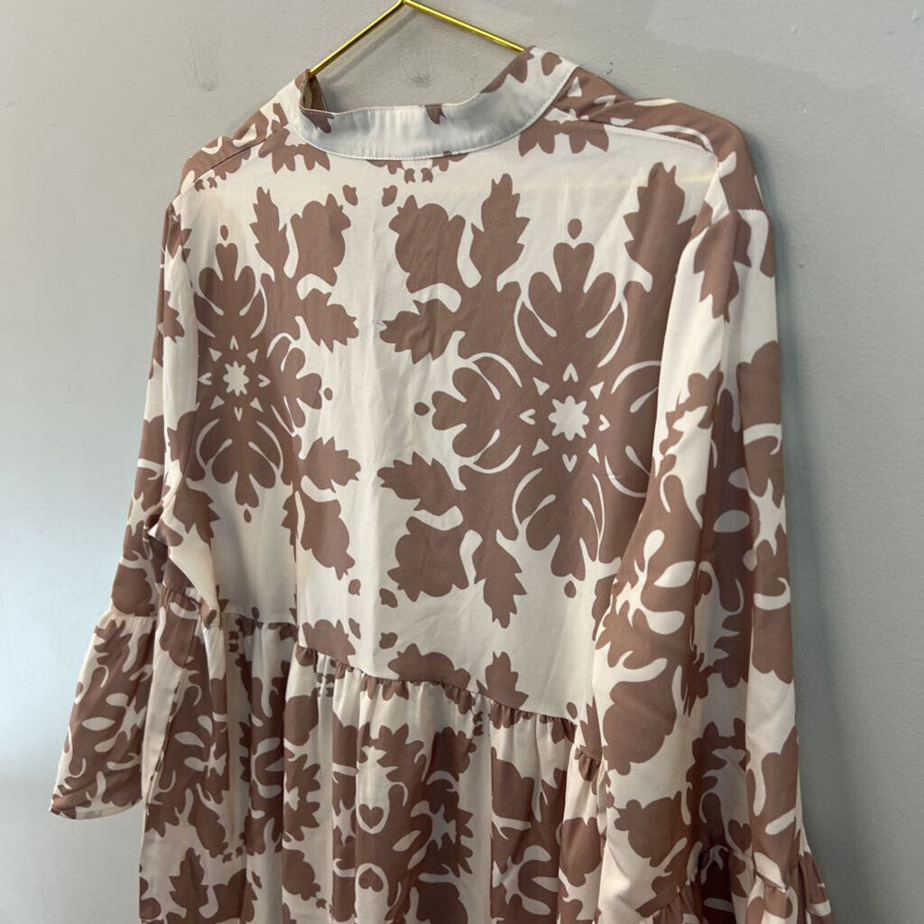 Cream/ Brown Print Silky Long Sleeve Button Down Dress Extra Large