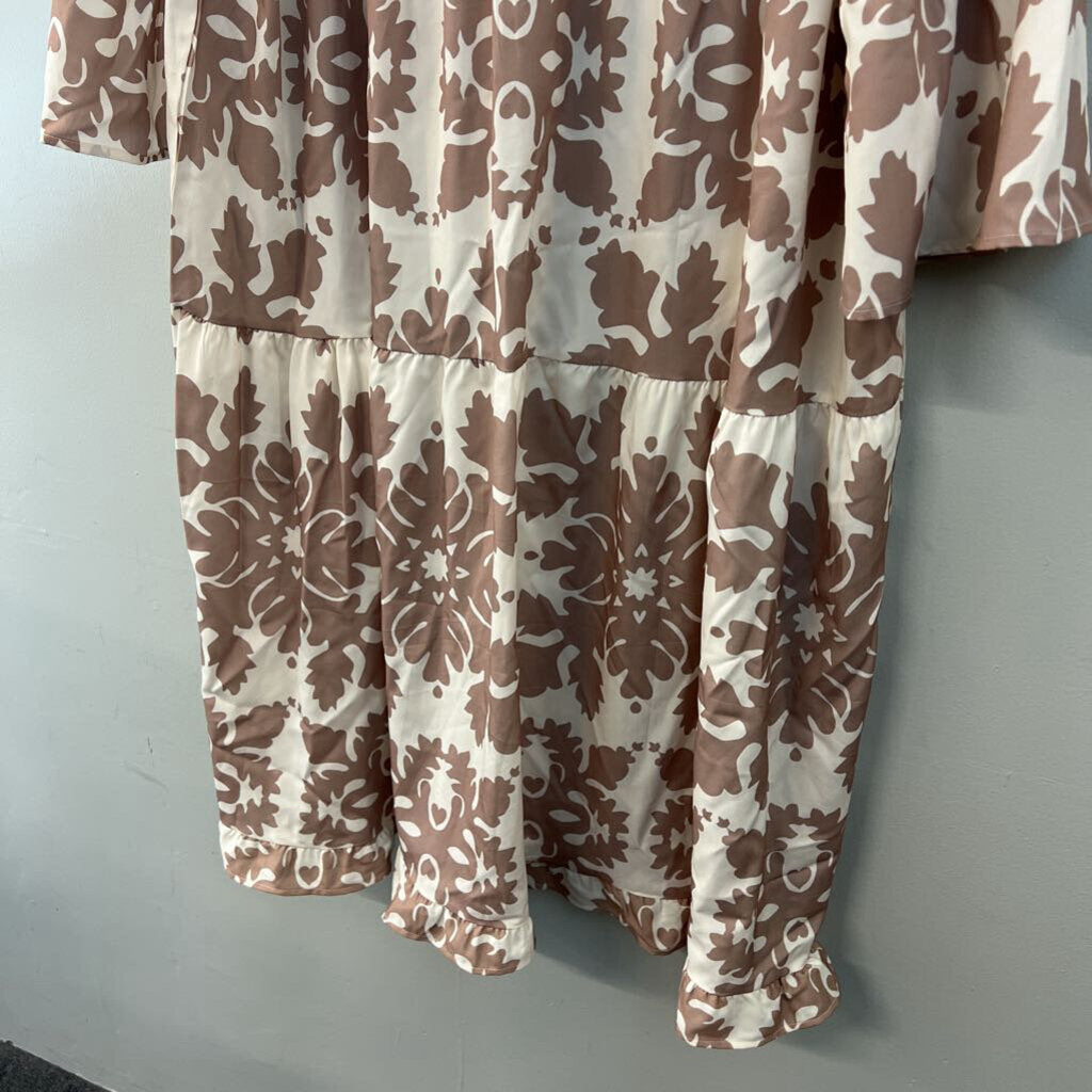 Cream/ Brown Print Silky Long Sleeve Button Down Dress Extra Large