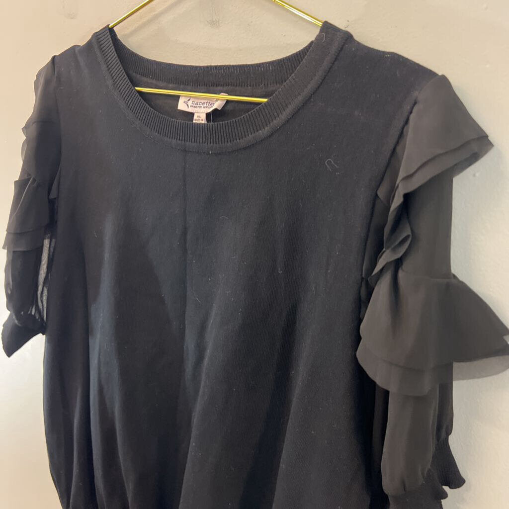 Nanette Lepore Black Short Ruffle Sleeve Knit Top Extra Large