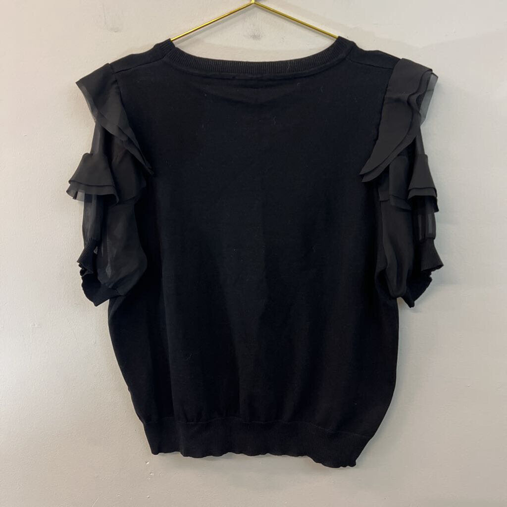 Nanette Lepore Black Short Ruffle Sleeve Knit Top Extra Large