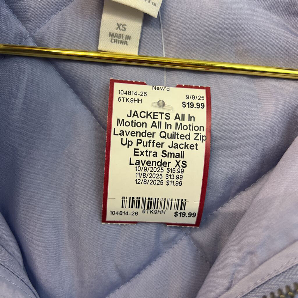 All In Motion Lavender Quilted Zip Up Puffer Jacket Extra Small