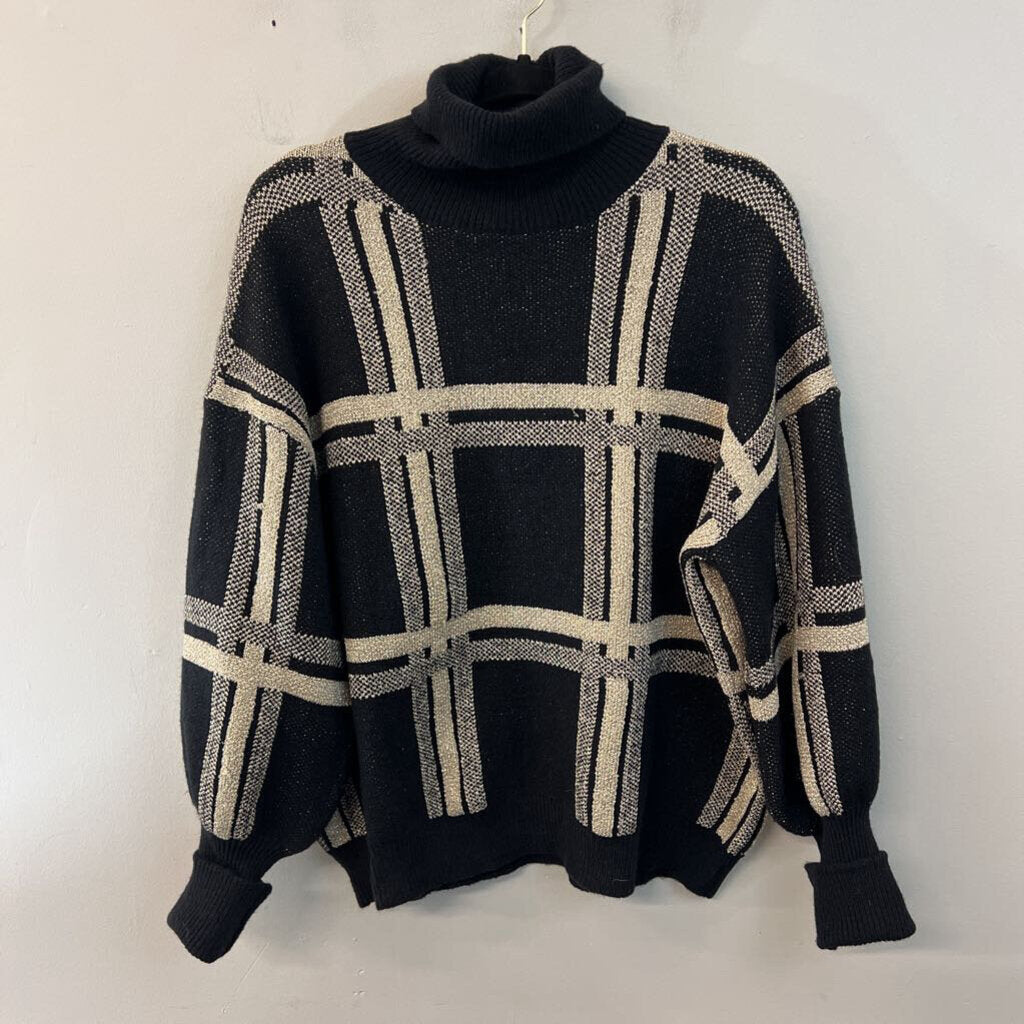 Mello Black/ Gold Plaid Knit Turtleneck Sweater Medium