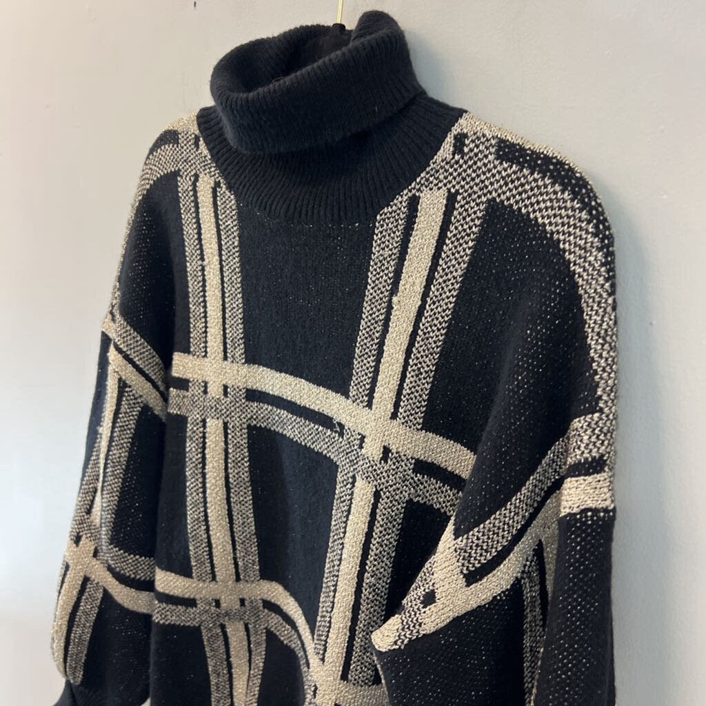 Mello Black/ Gold Plaid Knit Turtleneck Sweater Medium