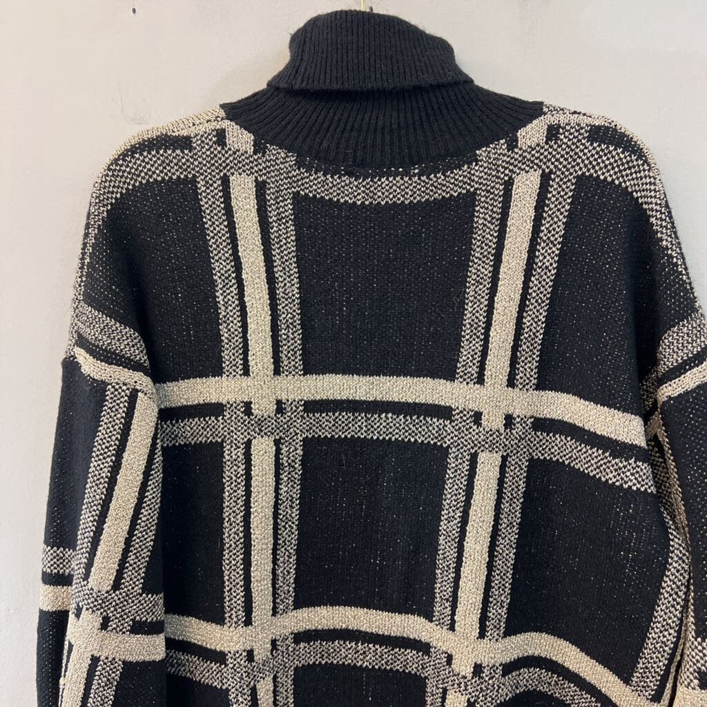 Mello Black/ Gold Plaid Knit Turtleneck Sweater Medium