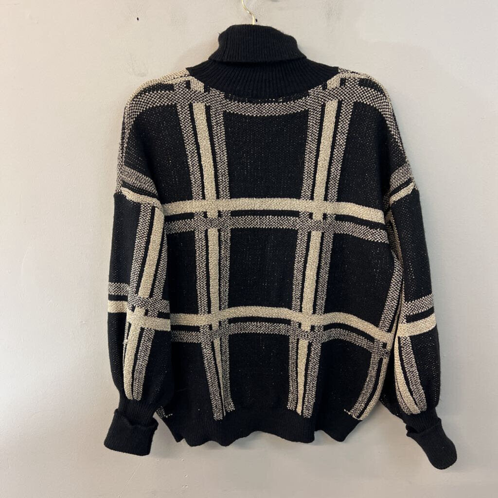 Mello Black/ Gold Plaid Knit Turtleneck Sweater Medium