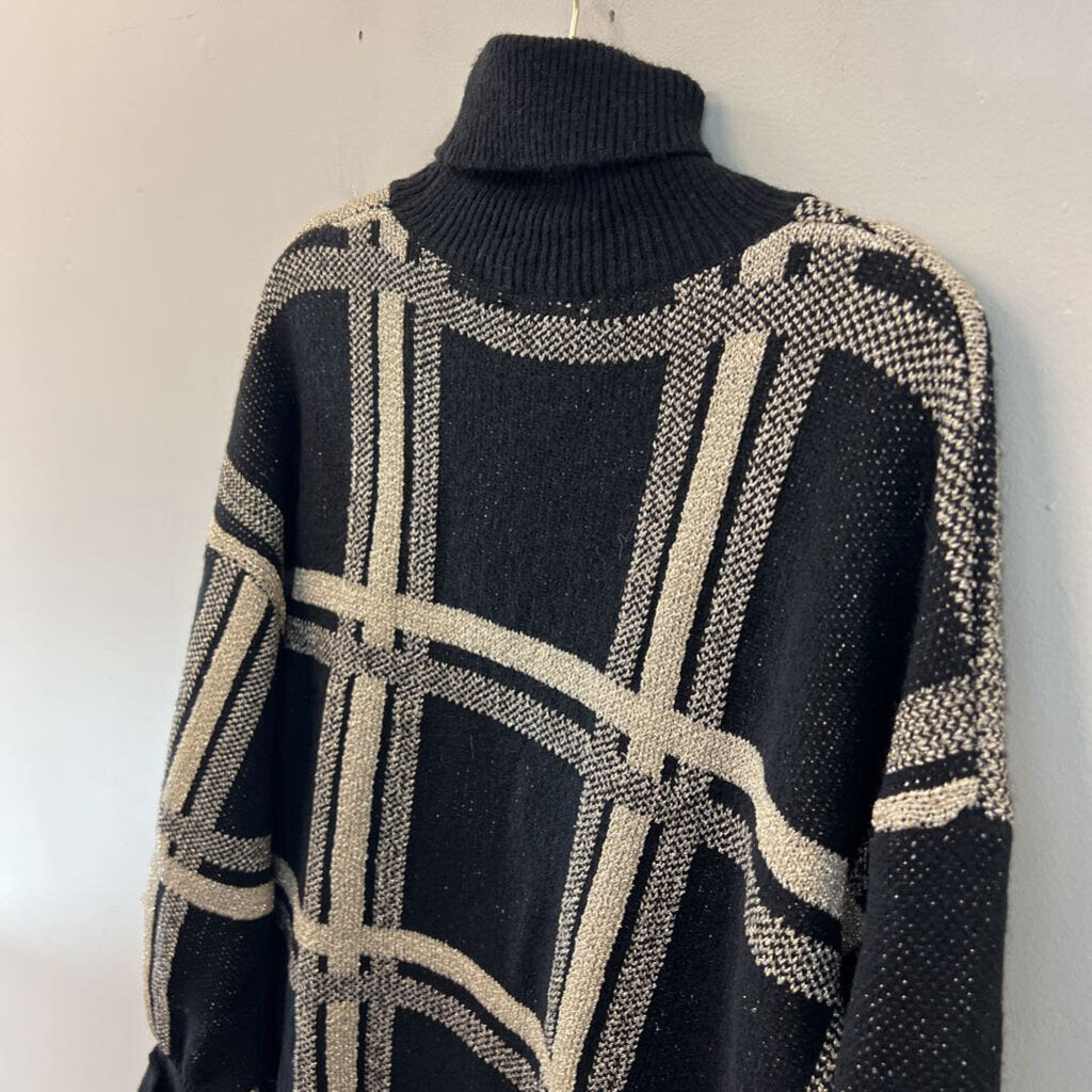 Mello Black/ Gold Plaid Knit Turtleneck Sweater Medium