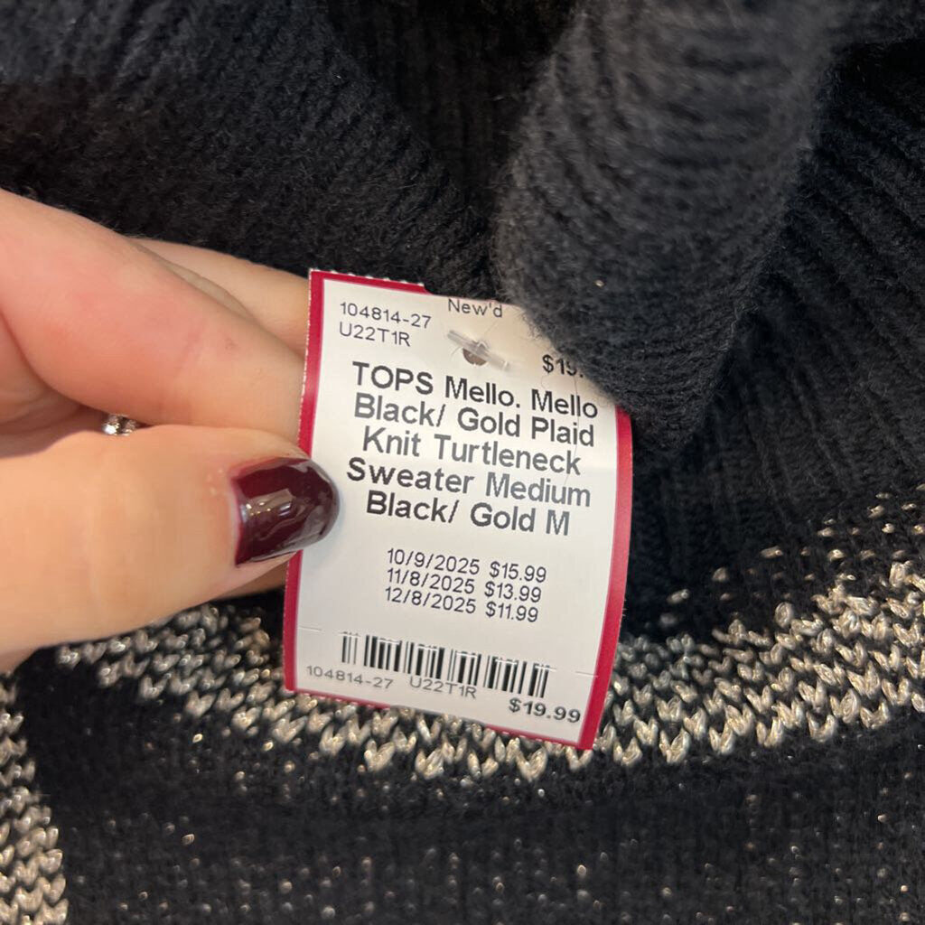 Mello Black/ Gold Plaid Knit Turtleneck Sweater Medium