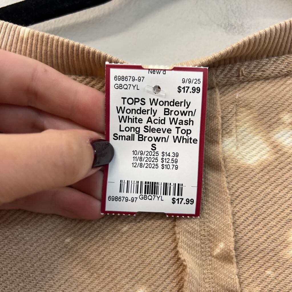 Wonderly Brown/ White Acid Wash Long Sleeve Top Small