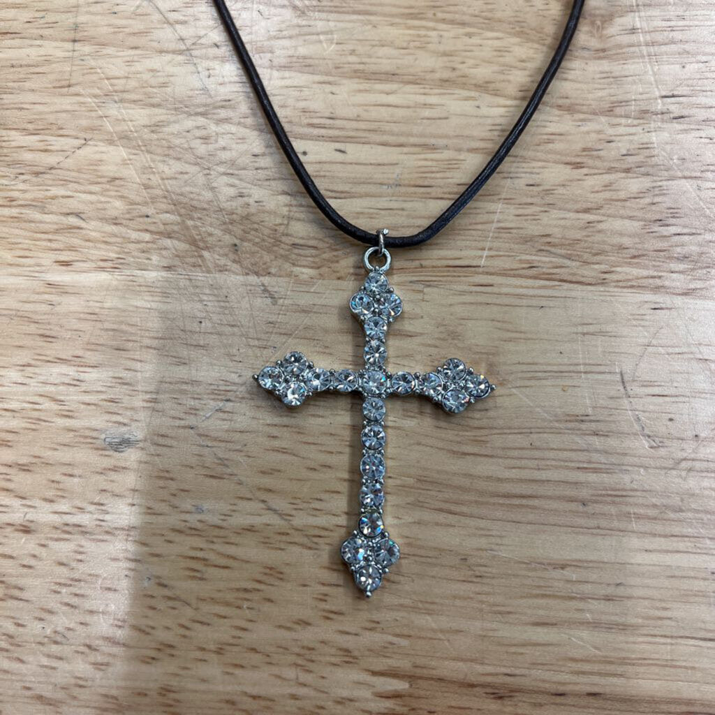 Silver Rhinestone Cross Pendant Necklace