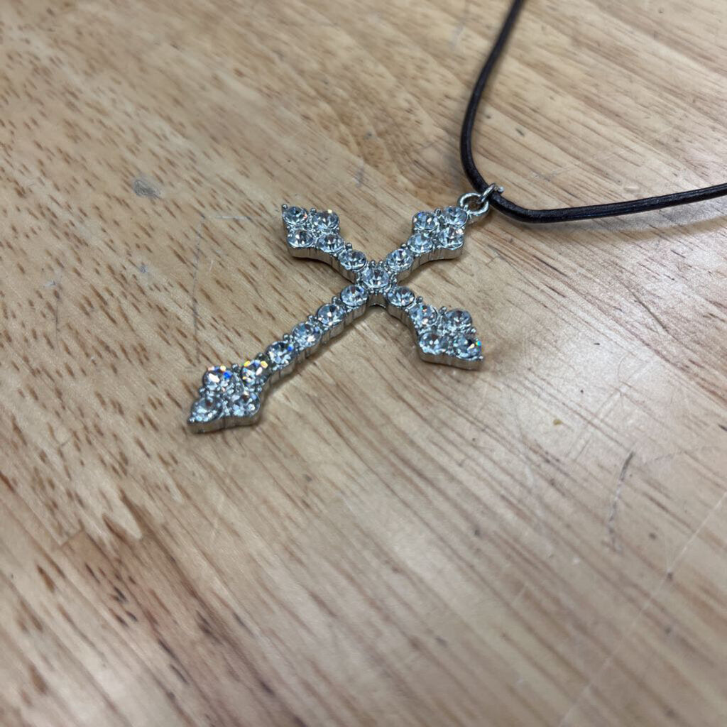 Silver Rhinestone Cross Pendant Necklace