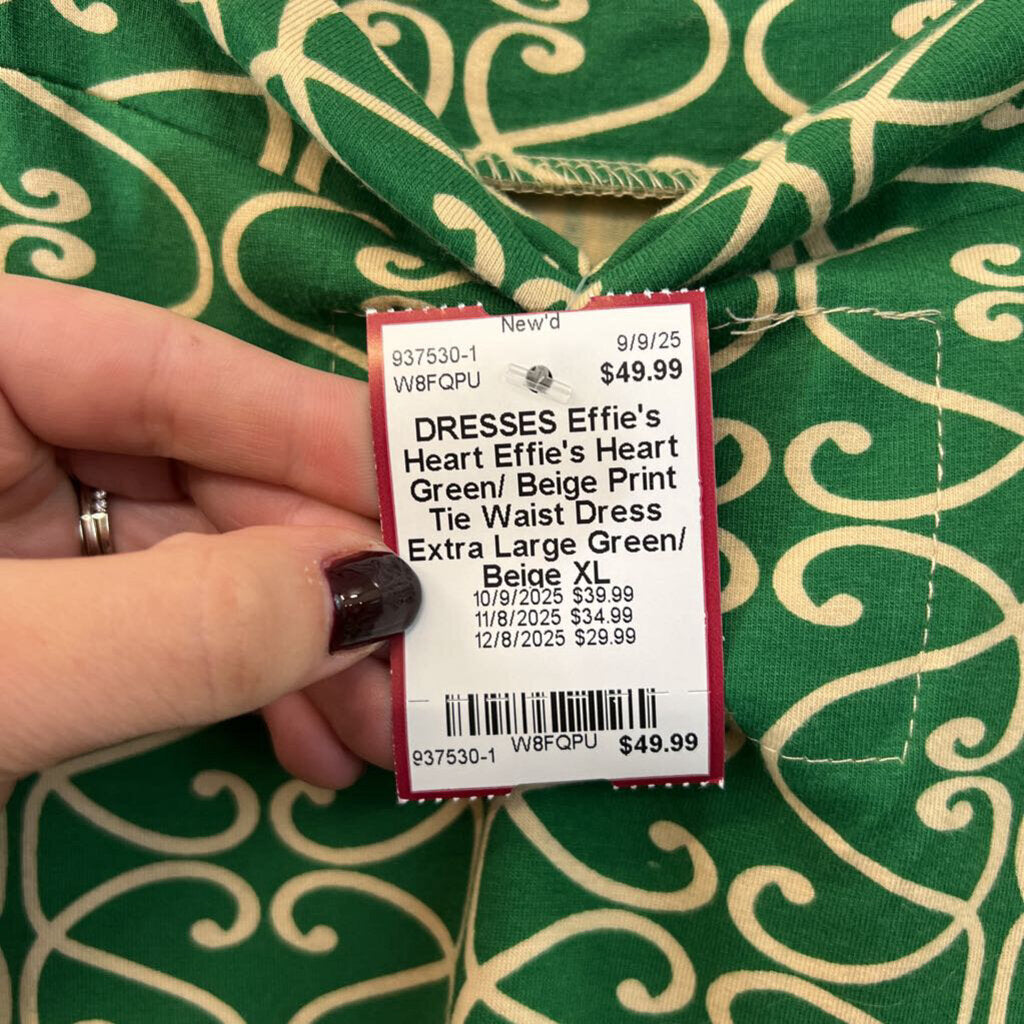 Effie's Heart Green/ Beige Print Tie Waist Dress Extra Large