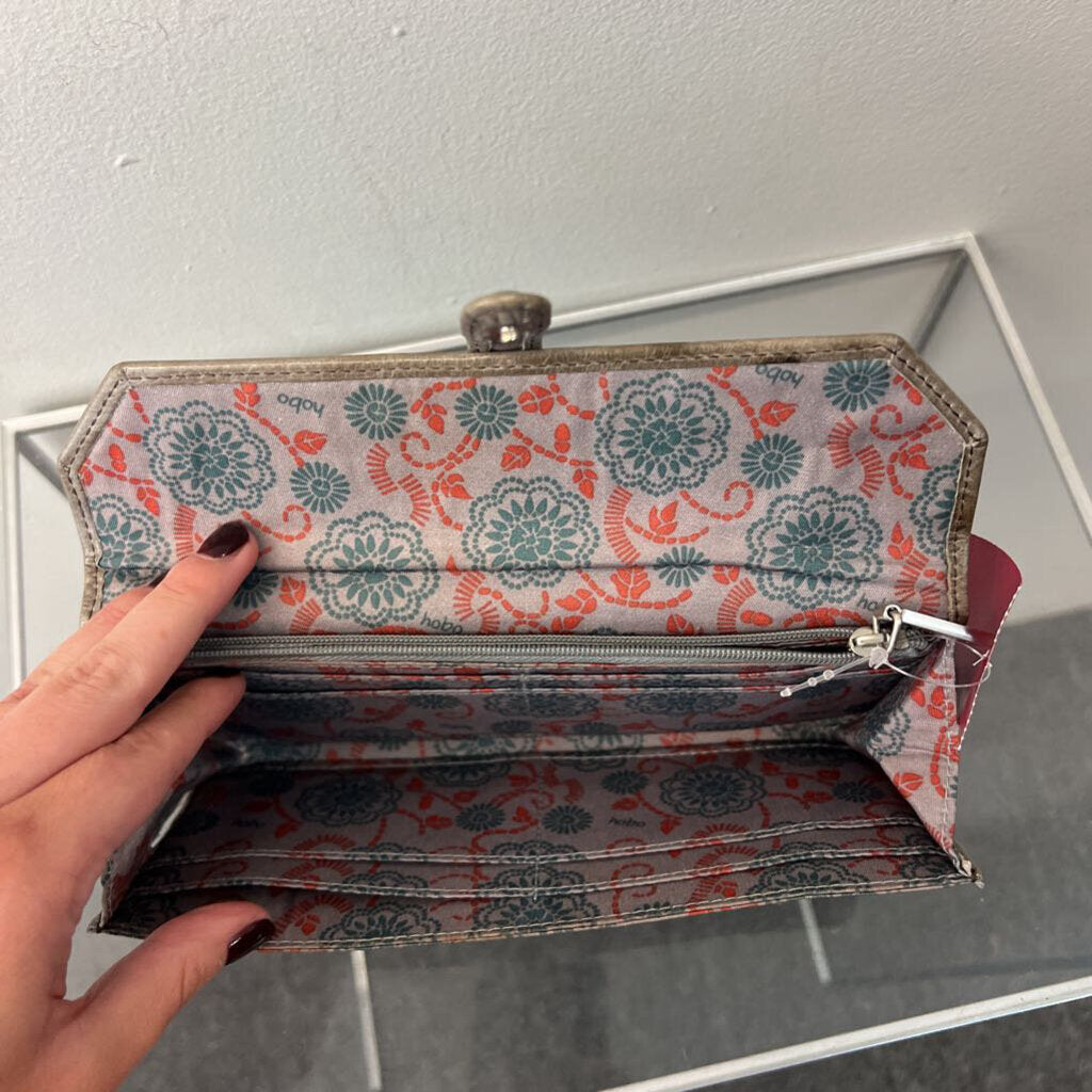 Hobo Grey Leather Fold Over Wallet