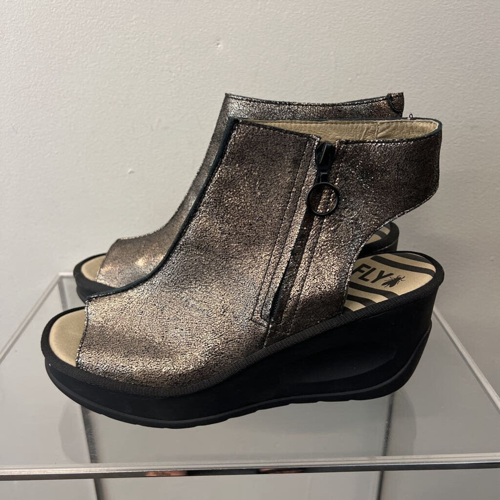 Fly London Black Graphite Jape Open Toe Wedges 40