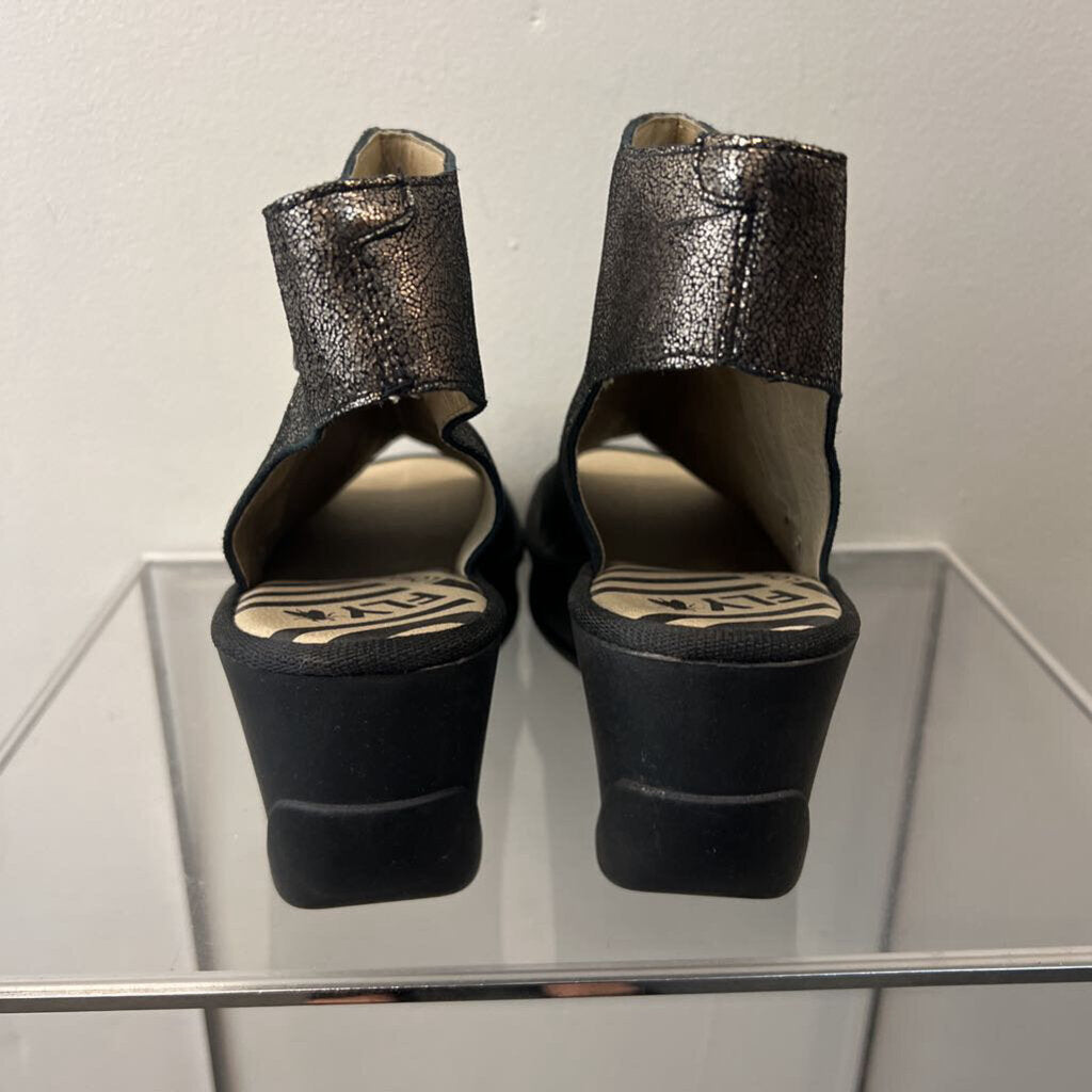 Fly London Black Graphite Jape Open Toe Wedges 40