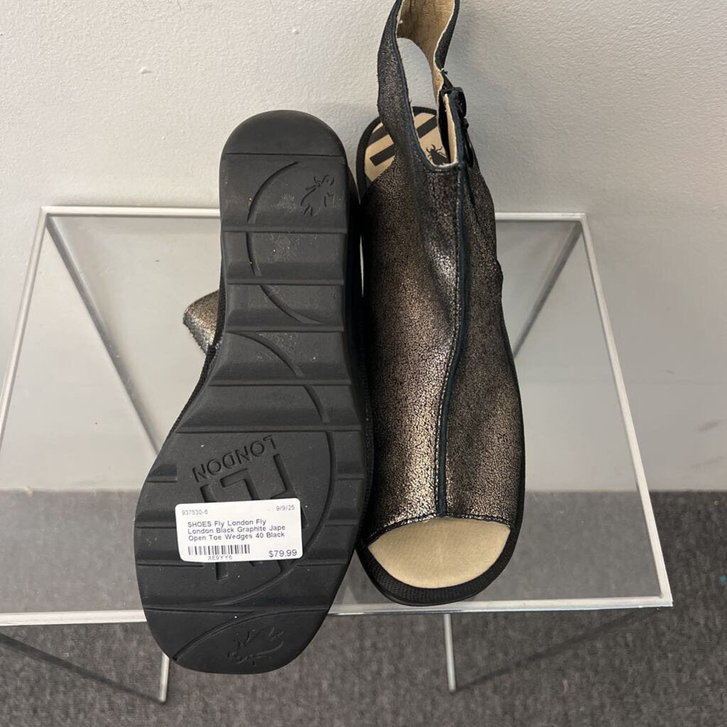 Fly London Black Graphite Jape Open Toe Wedges 40