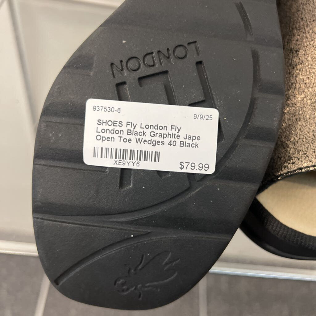Fly London Black Graphite Jape Open Toe Wedges 40