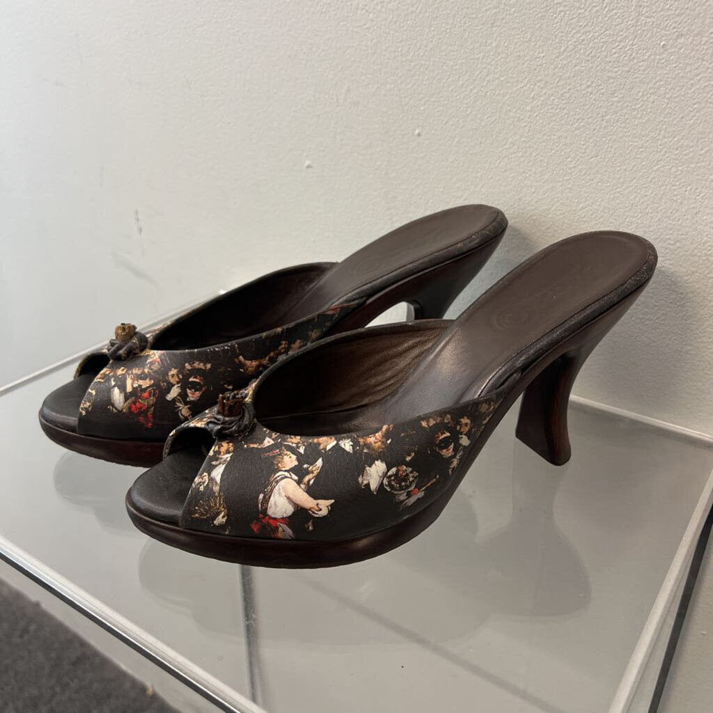 Icon Brown Wood Heel Leather Print Strap Peep Toe Heels 9