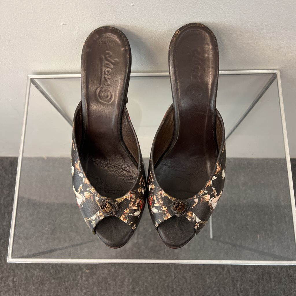 Icon Brown Wood Heel Leather Print Strap Peep Toe Heels 9