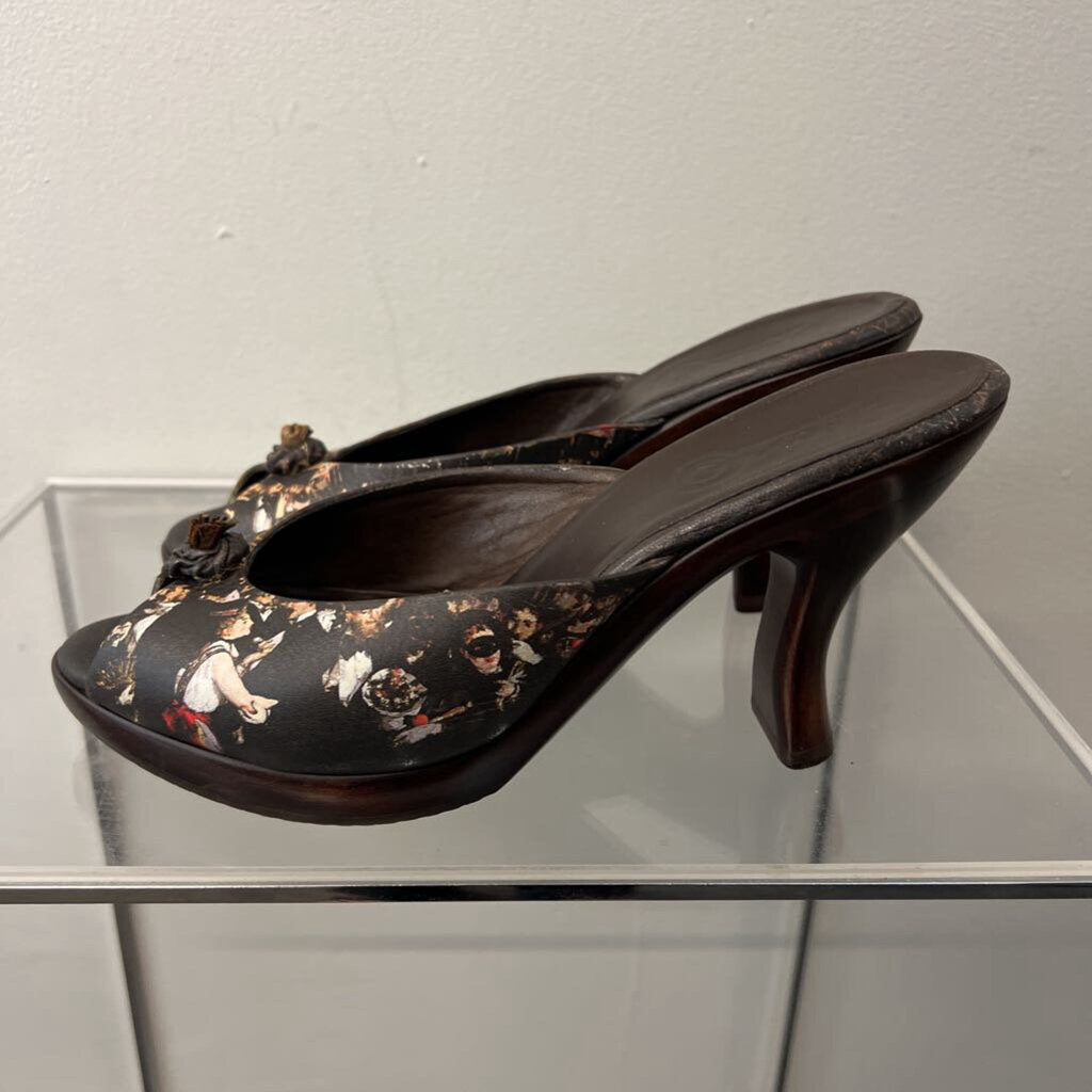 Icon Brown Wood Heel Leather Print Strap Peep Toe Heels 9