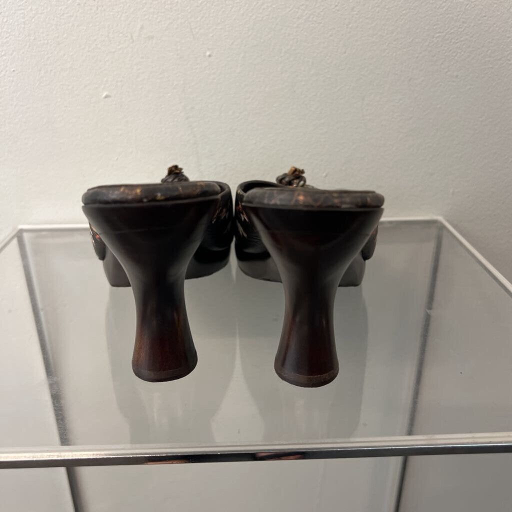 Icon Brown Wood Heel Leather Print Strap Peep Toe Heels 9