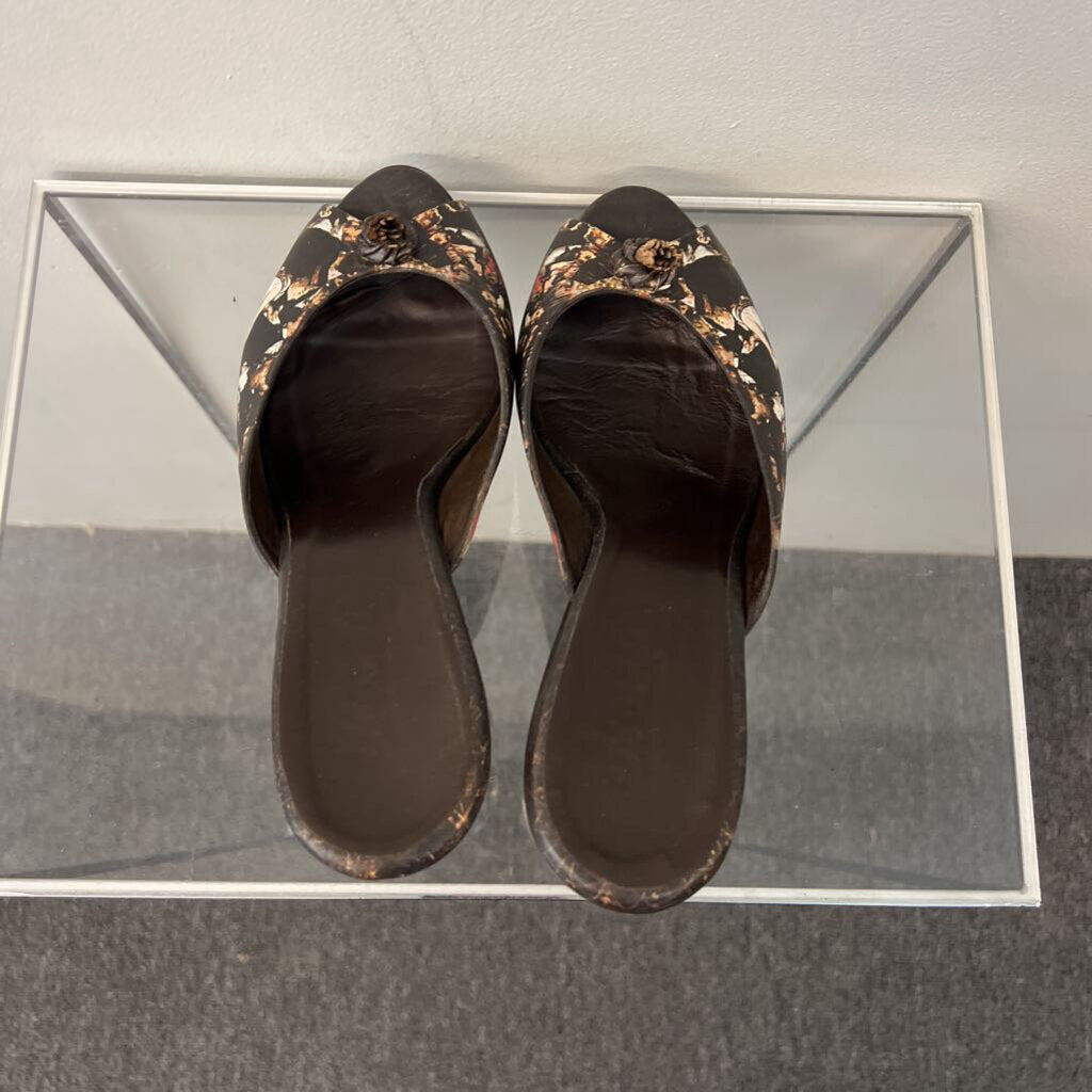 Icon Brown Wood Heel Leather Print Strap Peep Toe Heels 9