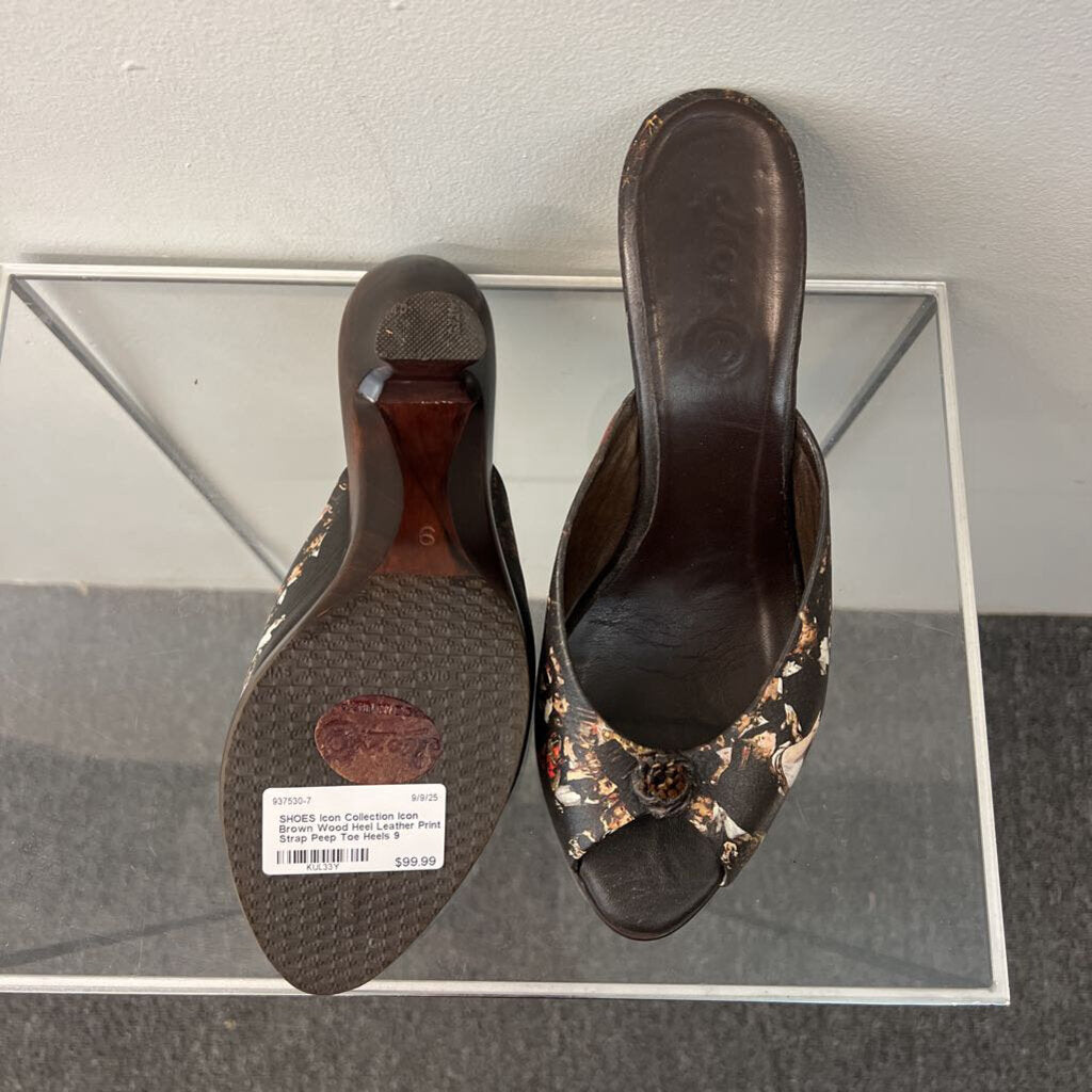 Icon Brown Wood Heel Leather Print Strap Peep Toe Heels 9