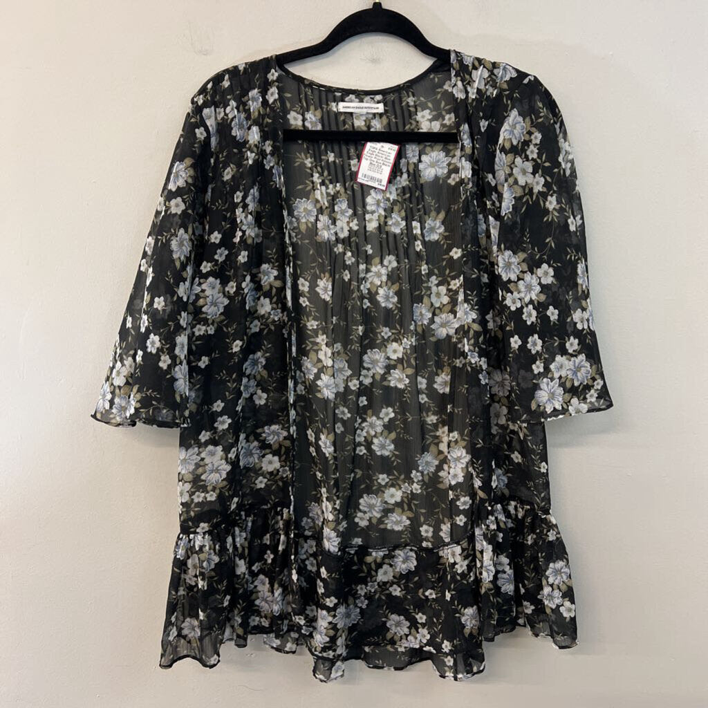 American Eagle Black/ Blue Flower Print Kimono Top One Size