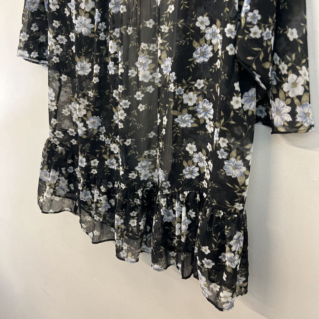 American Eagle Black/ Blue Flower Print Kimono Top One Size