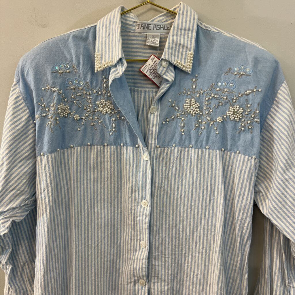 Vintage Jane Ashley Blue/ White Striped Beaded Long Sleeve Button Down Top Large