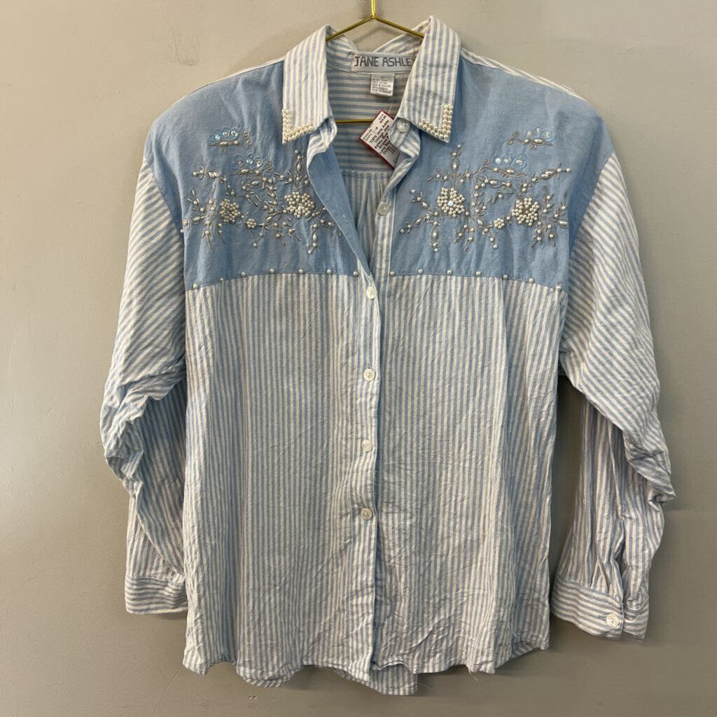 Vintage Jane Ashley Blue/ White Striped Beaded Long Sleeve Button Down Top Large